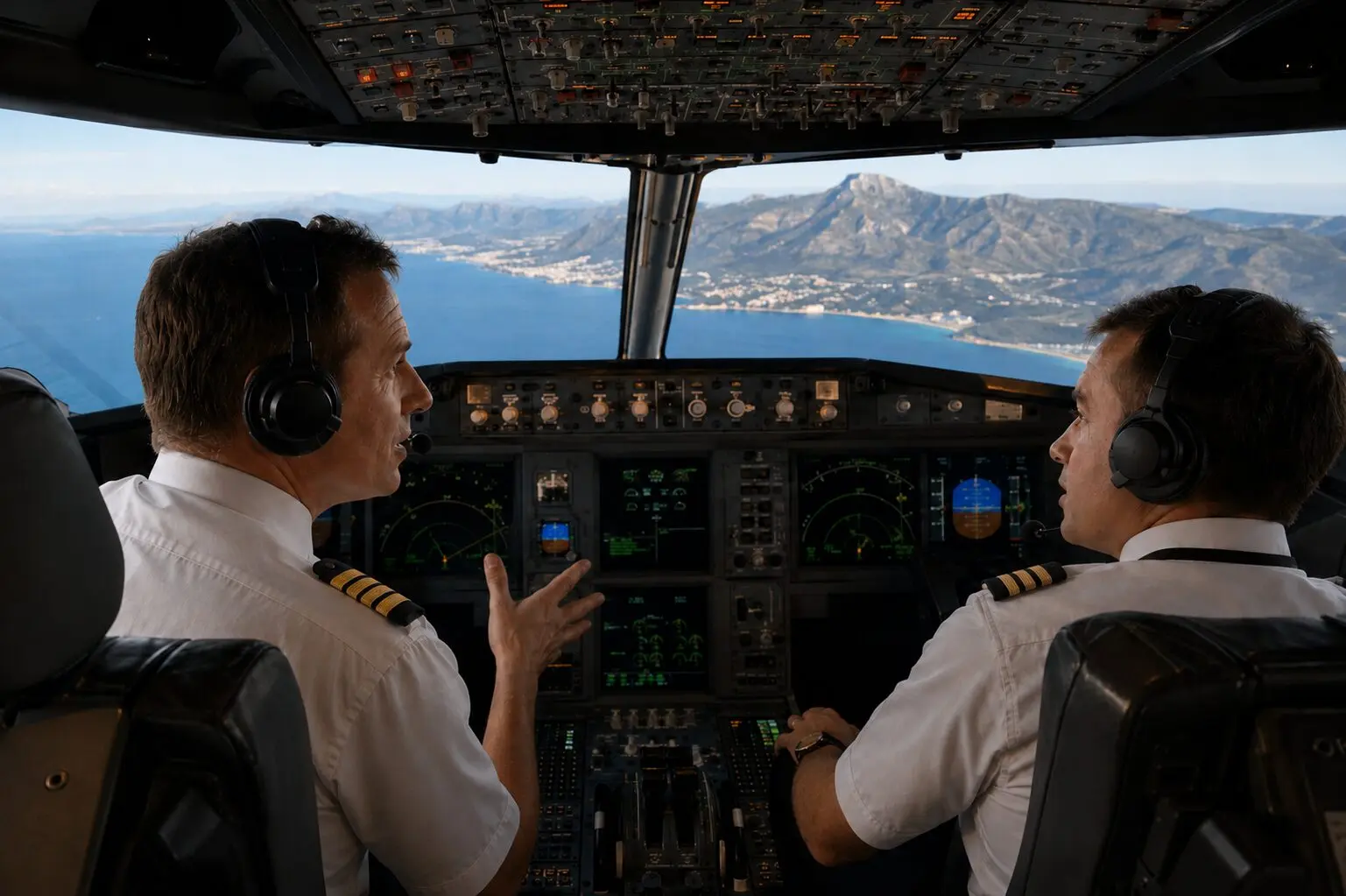 Communication en entreprise inspirée de l'aviation : deux pilotes coordonnent leurs actions dans un cockpit.